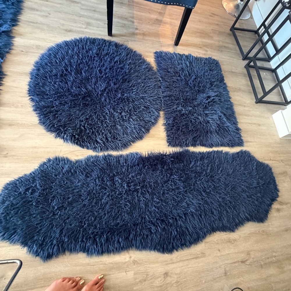Navy Blue Shaggy Faux Fur Rug Set - 3 Piece